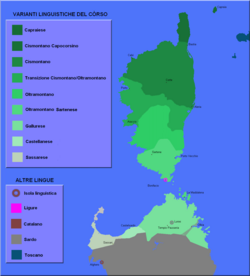 Mapa de los dialectos del corso en Córcega
