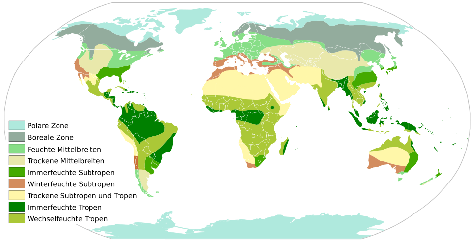 Mapa de ecozonas que ilustra la distribución de grandes unidades biogeográficas