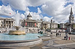 Fotografía urbana de Trafalgar Square en Londres, cuya superficie terrestre abarca aproximadamente una hectárea.
