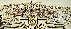 Detalle de un mapa histórico de la ciudad colonial de Santafé de Bogotá