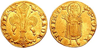 Florín de oro de Florencia de 1340 con la flor de lis y San Juan Bautista.