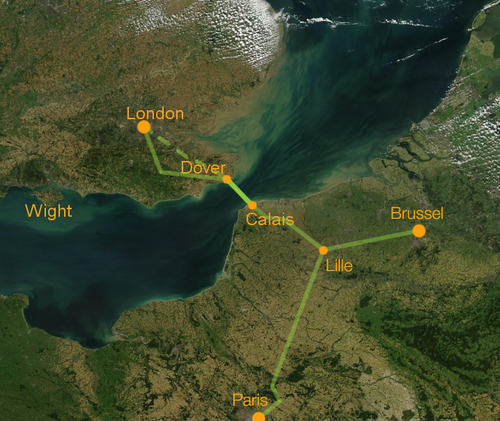Mapa de ubicación y conexiones ferroviarias del Eurotúnel