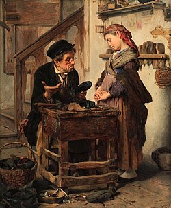 Pintura El caso desesperado de Antonio Rotta mostrando a una niña y a un zapatero en un interior humilde.