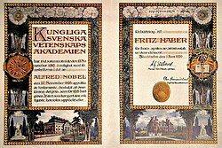 Diploma entregado a Fritz Haber en 1918