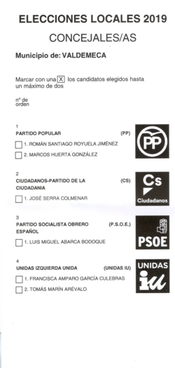 Papeleta electoral de Valdemeca, municipio con menos de 100 habitantes