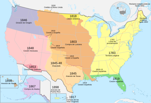 Mapa general de las adquisiciones territoriales de los Estados Unidos