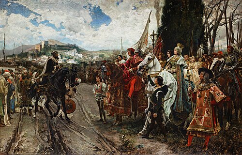 La rendición de Granada (1882), por Francisco Pradilla y Ortiz, muestra a Boabdil frente a Fernando e Isabel.