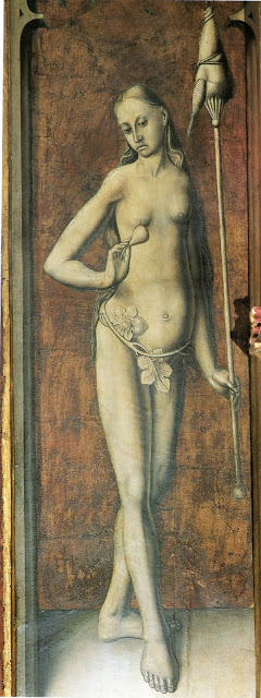Detalle de Eva en el guardapolvos del Retablo de san Ildefonso.