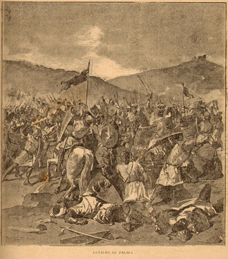 Ilustración histórica de la batalla de Zalaca por Alfredo Roque Gameiro