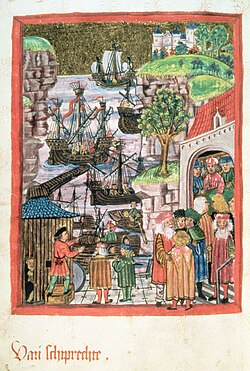 Ilustración de un puerto-mercado medieval