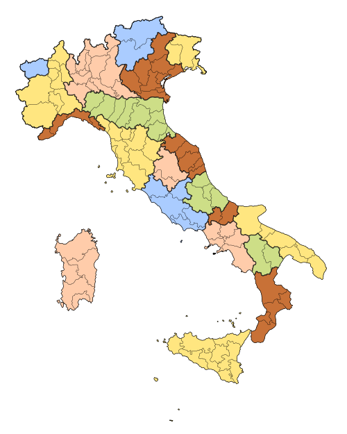 Mapa de las macroáreas y regiones de Italia