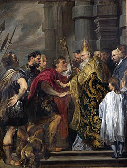 Pintura que muestra a San Ambrosio negando la entrada al emperador Teodosio