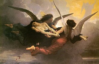 Alma llevada al cielo por dos ángeles. Representación de la tradición cristiana.
