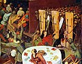 Detalle de los hombres huyendo hacia el túnel y esqueletos con tapas de ataudes.