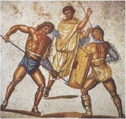 Un retiarius ataca a un secutor con su tridente en mosaico de Nennig