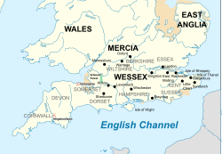 Mapa histórico que muestra la ubicación de los reinos del sur de las islas británicas en el siglo IX.