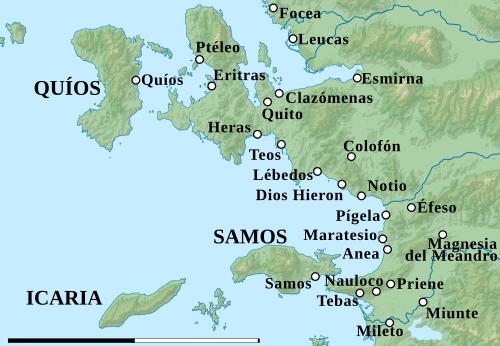 Mapa con algunas de las principales ciudades de Jonia en la Antigüedad.