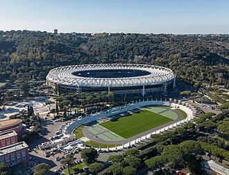 Vista general de las instalaciones y el campo del Estadio Olímpico de Roma.