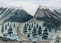Ilustración histórica del Cherokee Trail cerca de Fort Collins, Colorado, en 1859.