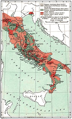 Italia alrededor del 100 a. C. durante la guerra Social mostrando territorios romanos, latinos y de los socii.