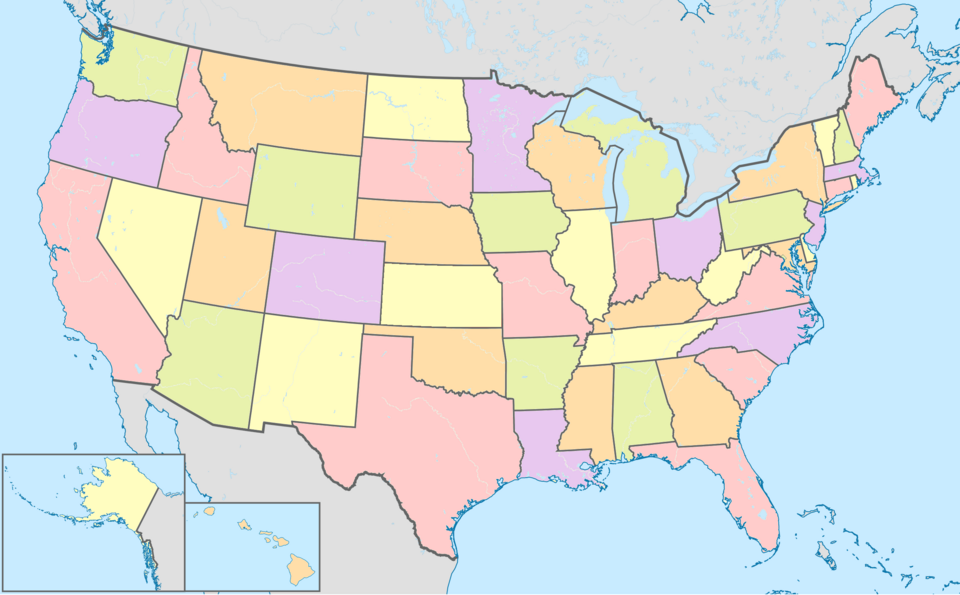 Mapa geográfico y político de los Estados Unidos destacando los estados y su distribución