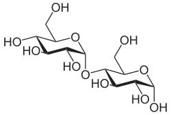 Representación de la estructura química y fórmulas de la maltosa.