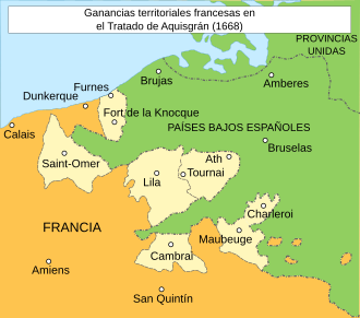 Mapa histórico que muestra las ganancias territoriales francesas conseguidas tras el tratado de 1668.