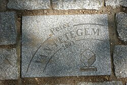 Losa de pavimento dedicada a Peter Van Petegem en Roubaix