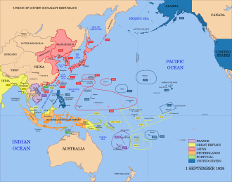Mapa territorial de las posesiones japonesas y portuguesas en el Pacífico en 1939