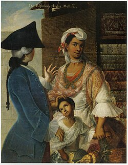 Pintura de castas de Miguel Cabrera representando a un español, una amerindia y su hija.