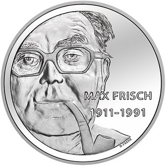 Moneda conmemorativa suiza de 20 francos emitida en 2011 con el rostro de Max Frisch