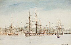 Acuarela del HMS Beagle elaborada por Owen Stanley en 1841
