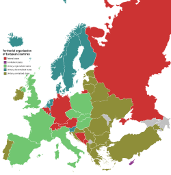 Mapa de la organización territorial en Europa destacando los Estados regionales