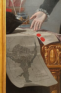 Mapa histórico de la ciudad en la pintura retrato de George Washington por Josef Perovani