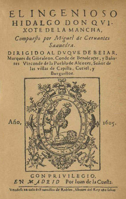 Portada de la editio princeps de El Ingenioso Hidalgo de Don Quijote de la Mancha (1605)
