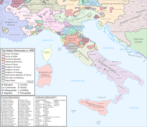 Mapa histórico de las ciudades-estado italianas en el año 1499.