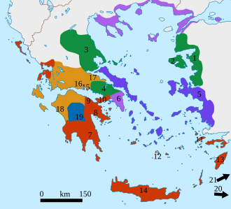 Mapa geográfico de la extensión de los dialectos griegos antiguos