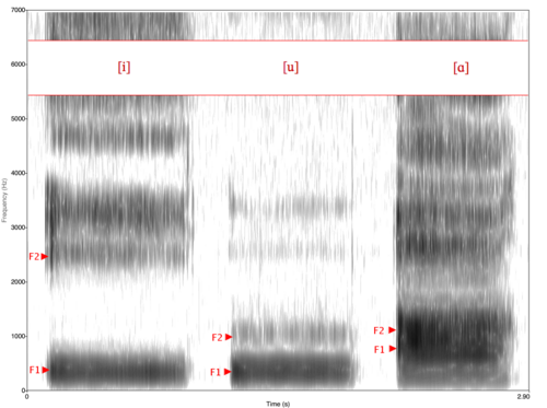 Espectrograma comparativo de las vocales i, u, a