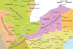 Mapa de las provincias romanas en la región de los Alpes hacia el año 14 d.C.