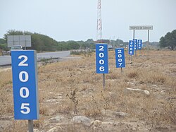 Señalización vial antigua del Trópico de Cáncer en una carretera federal mexicana antes de su remoción.
