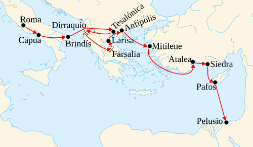 Mapa del viaje de Pompeyo durante la guerra civil
