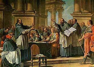 Óleo histórico que ilustra la controversia doctrinal entre san Agustín y los donatistas.