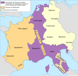 Mapa de la Francia Media entre la Francia Occidental y la Francia Oriental