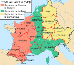 Mapa detallado de los reinos francos tras la partición establecida en Verdún.