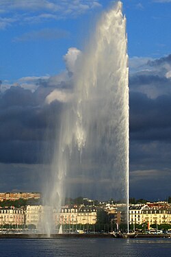 El Jet d'Eau en Ginebra visto desde la orilla