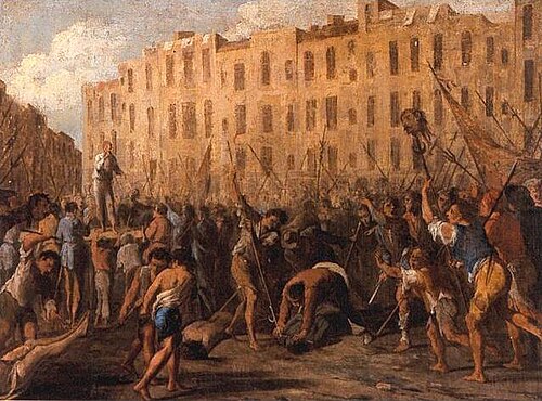 Pintura que recrea el asesinato de Don Juan Carafa durante la revuelta de Nápoles.