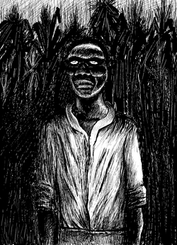 Representación artística de un zombi en un campo de caña