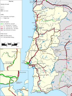 Mapa detallado de las líneas ferroviarias activas en Portugal