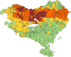 Mapa territorial que ilustra los porcentajes de población vascohablante o euscaldún en diferentes regiones