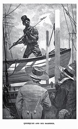 Ilustración antigua de Queequeg portando su arpón